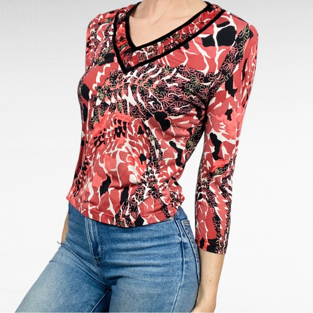 VINTAGE | Doncaster Rouge Red Black Velvet V-Neck Colorful Silk Blend Blouse